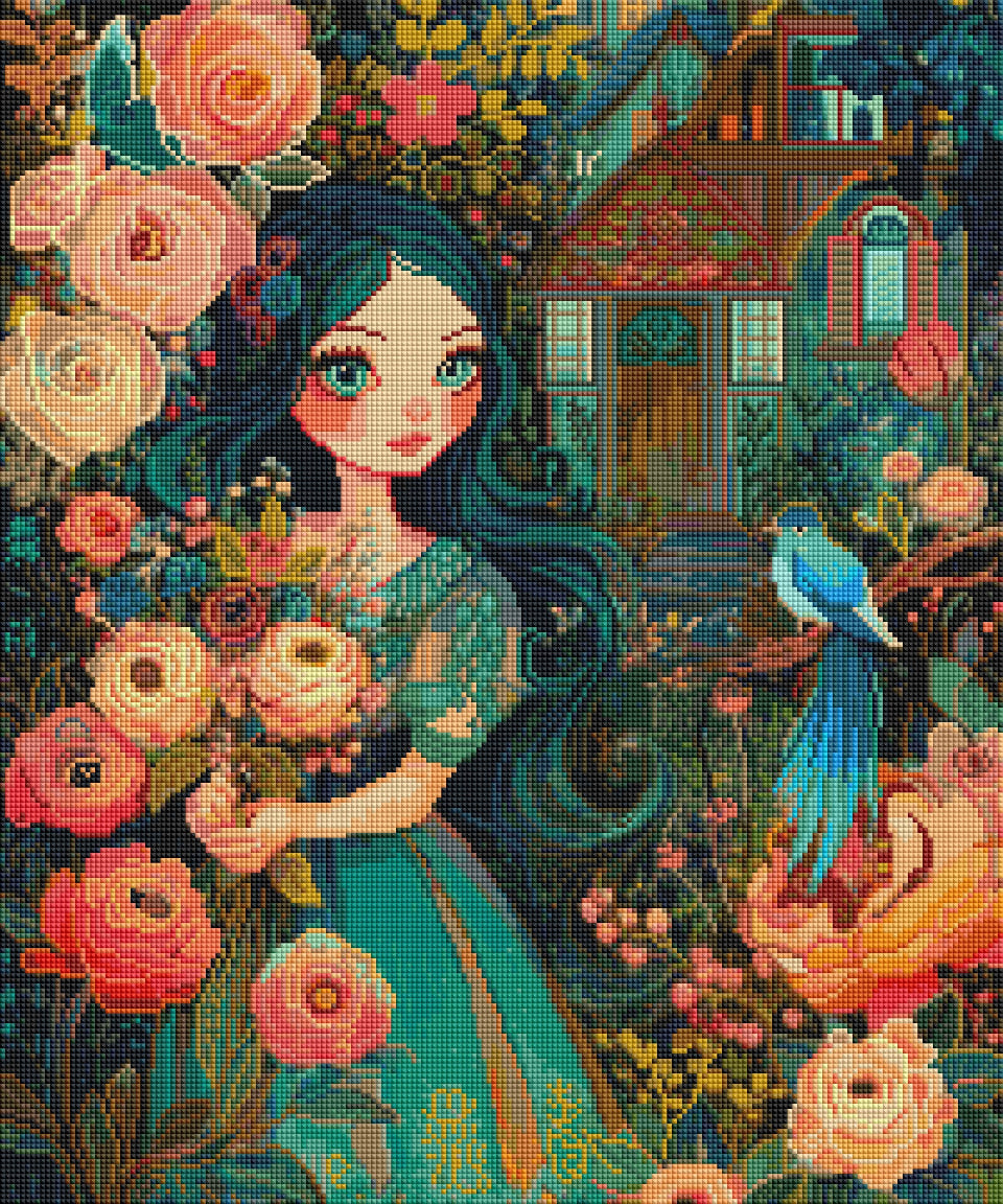 Preview of Flower Fairy diamond painting—girl in floral dress, enchanted garden, and detailed cottage, on 50x60cm square canvas for DIY diamond art.