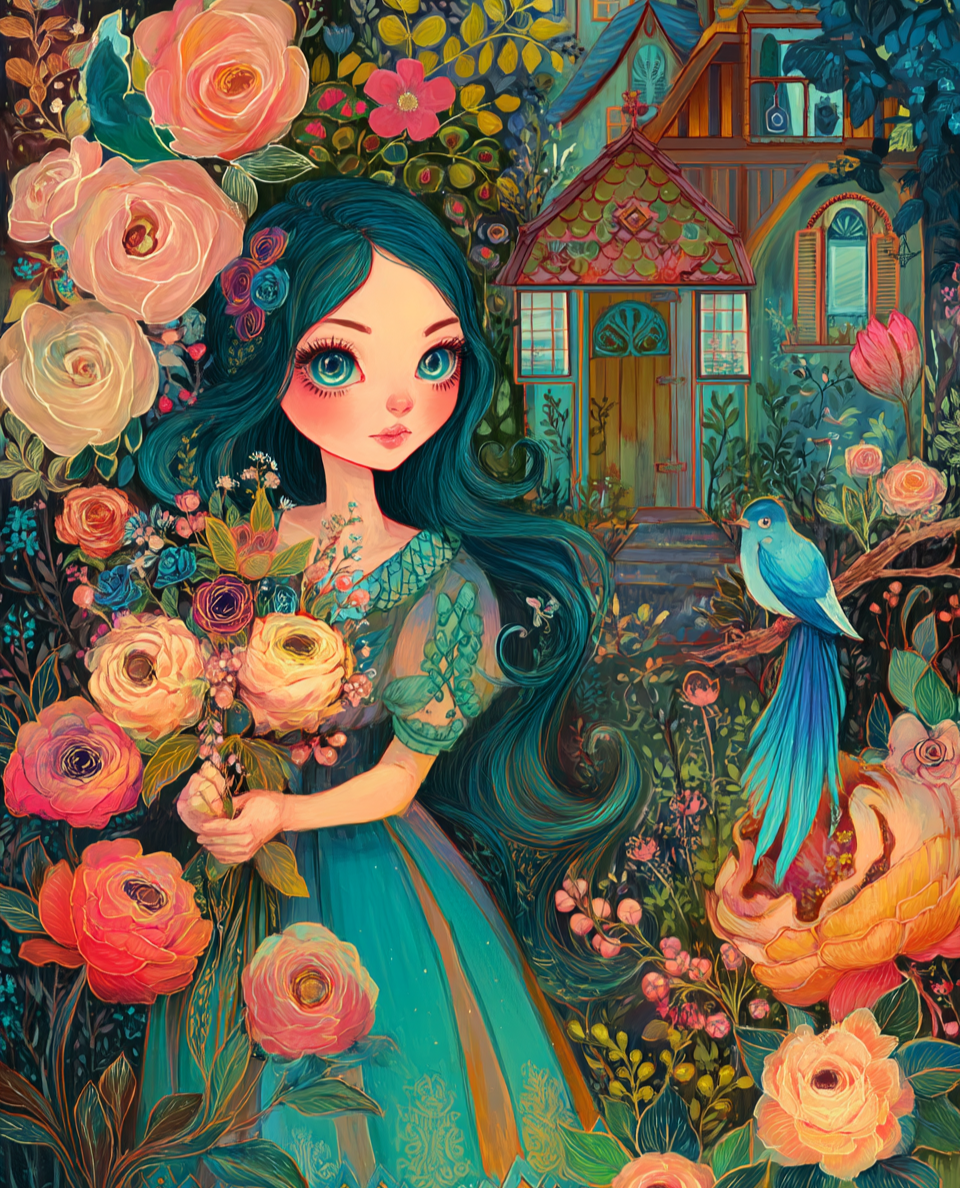 50x60cm diamond painting kit featuring a blue-skirted girl holding flowers beside a thatched cottage with blossoms and a bluebird. Square resin drills on soft canvas.