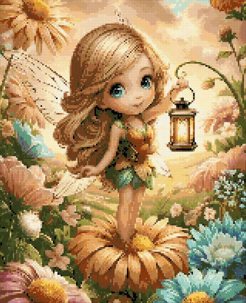 Preview of Flower Fairy diamond art kit, 40x50cm square drill canvas with a glowing lantern girl in floral surroundings. A dreamy DIY diamond painting.