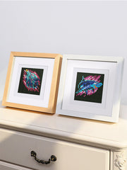 Small Framed futuristic animal diamond painting kit displayed on a white dresser, ideal for gifting or creative décor.