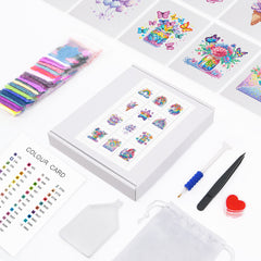 Complete unicorn-themed mini diamond painting kit with canvas, drills, pen, glue, and tray. Easy to use and perfect for stress-free DIY fun.
