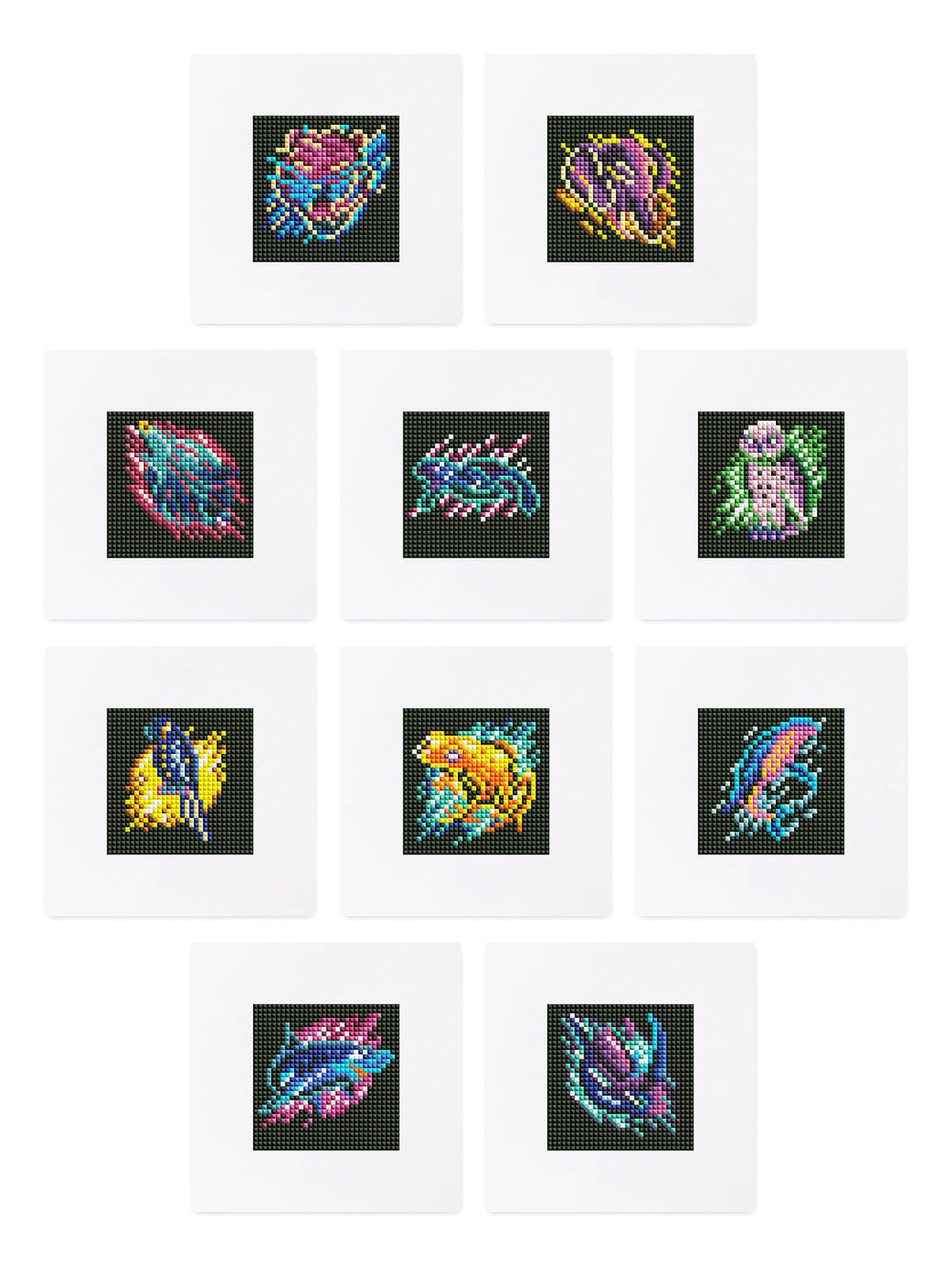 A grid display of 12 futuristic animal diamond paintings, perfect for sci-fi and DIY art lovers. Ideal as a creative mini home décor.