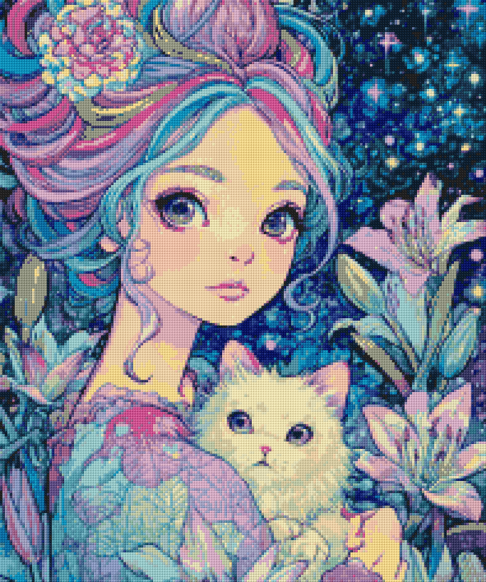 Preview of Girl and Cat diamond painting—moonlit floral background, white cat, soft purples and blues on a 50x60cm square DIY canvas.