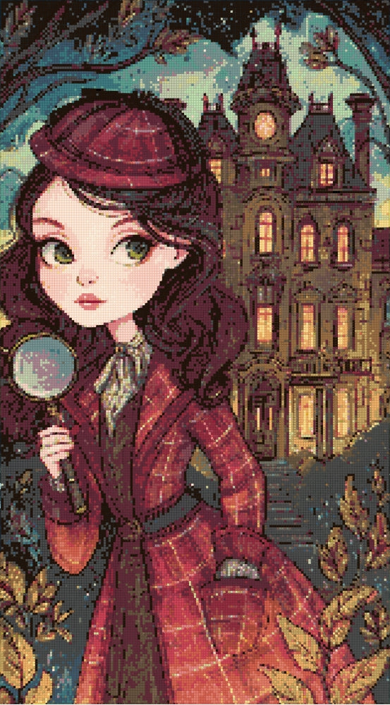 Preview of girl detective diamond art kit, 40x60cm square drill canvas. Explore hidden stories with a mysterious castle backdrop and magnifying glass detail.