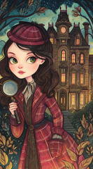 40x60cm Girl Sherlock Holmes diamond painting kit—detective girl in red plaid investigates a castle under moonlight. Square resin drills on soft canvas for DIY mystery lovers.