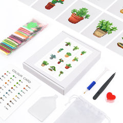 Complete green plant diamond painting kit – includes canvas, resin drills, pen, tray, and color guide.