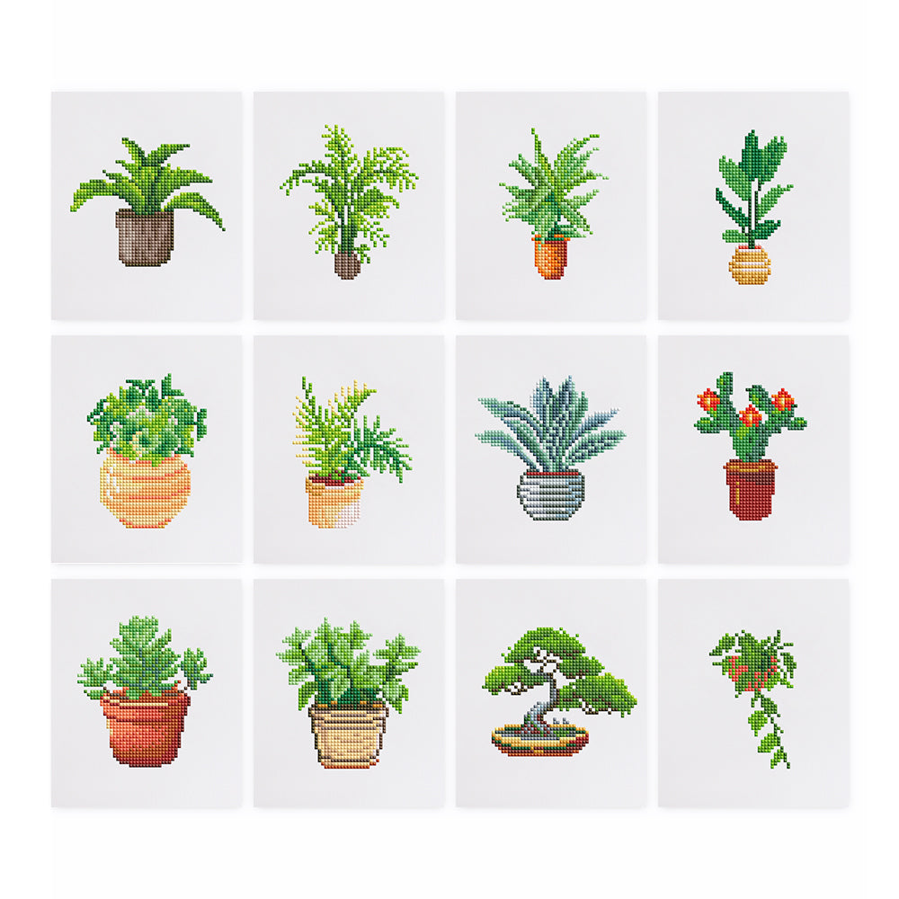 Grid view of 12 potted plant diamond painting canvases – fresh greenery designs for peaceful indoor decor.