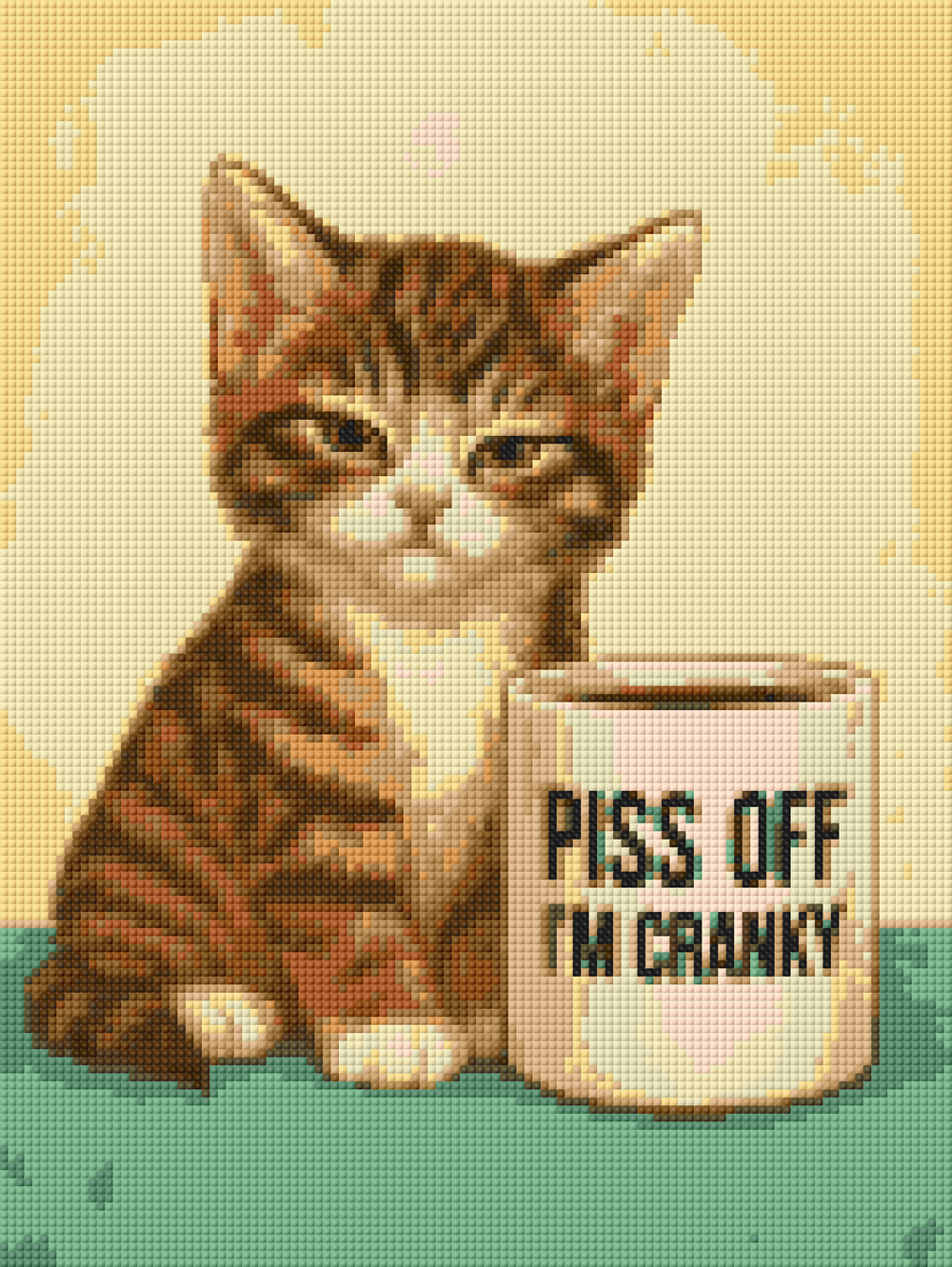 Preview of grumpy cat diamond painting kit with yellow background and sarcastic quote mug. 30x40cm square DIY art for humor lovers.