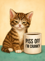 30x40cm diamond painting kit with grumpy tabby cat beside a mug saying “PISS OFF I’M CRANKY”. Square resin drills and soft canvas for funny DIY art.