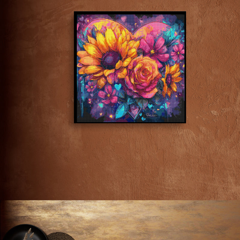 Framed heart flower diamond painting art on a rustic wood color wall – a romantic DIY art display from the Romantic Bloom collection.