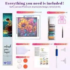 Large Diamond painting kit set preview with flower heart canvas, drills, pen, and tray – part of the Romantic Bloom series, perfect for DIY beginners and gift-giving.