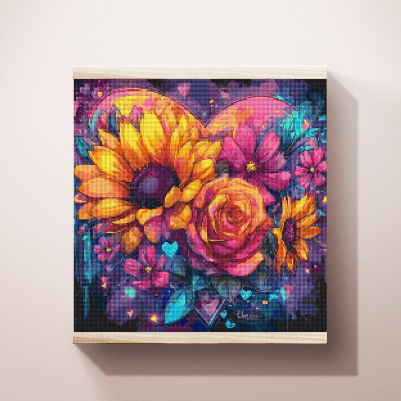 Finished heart-shaped diamond art with sunflowers and roses – a bold, magical piece for fantasy lovers and creative gift ideas.