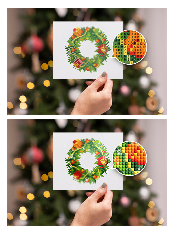 Close-up of a completed diamond painting Christmas wreath held in hand. Ideal for festive home decorations or DIY Christmas gifts.