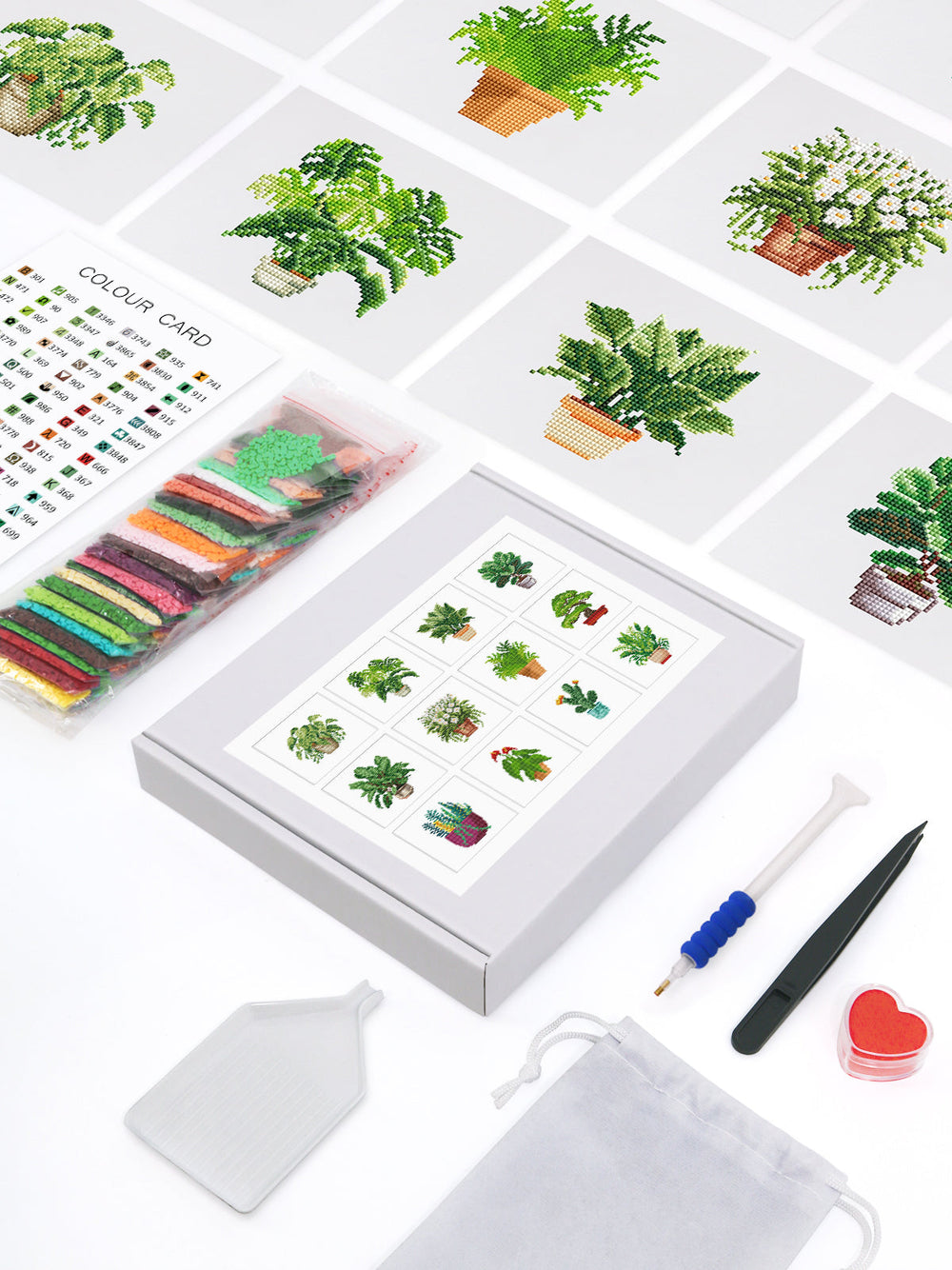 A flatlay view of the Home Garden Glow mini diamond painting kit, including canvas, tools, and color card — perfect for plant lovers and DIY beginners.