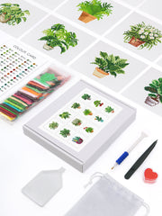 A flatlay view of the Home Garden Glow mini diamond painting kit, including canvas, tools, and color card — perfect for plant lovers and DIY beginners.