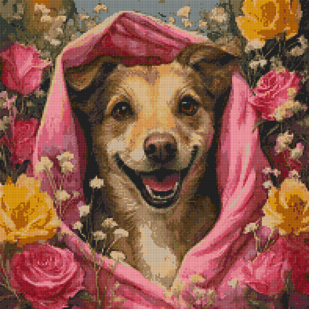 Preview of 50x50cm floral dog diamond painting kit with square resin drills. Joyful and cozy DIY art for pet-themed interiors.