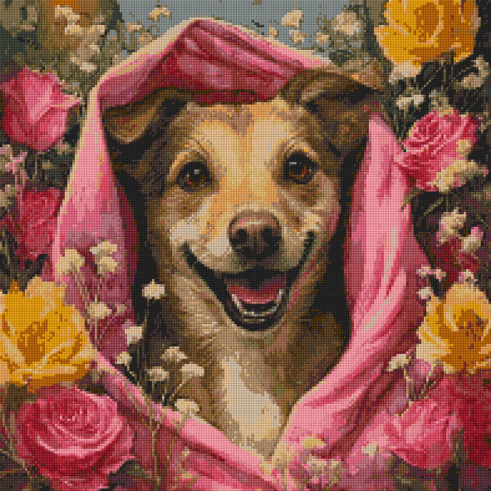 Preview of 50x50cm floral dog diamond painting kit with square resin drills. Joyful and cozy DIY art for pet-themed interiors.