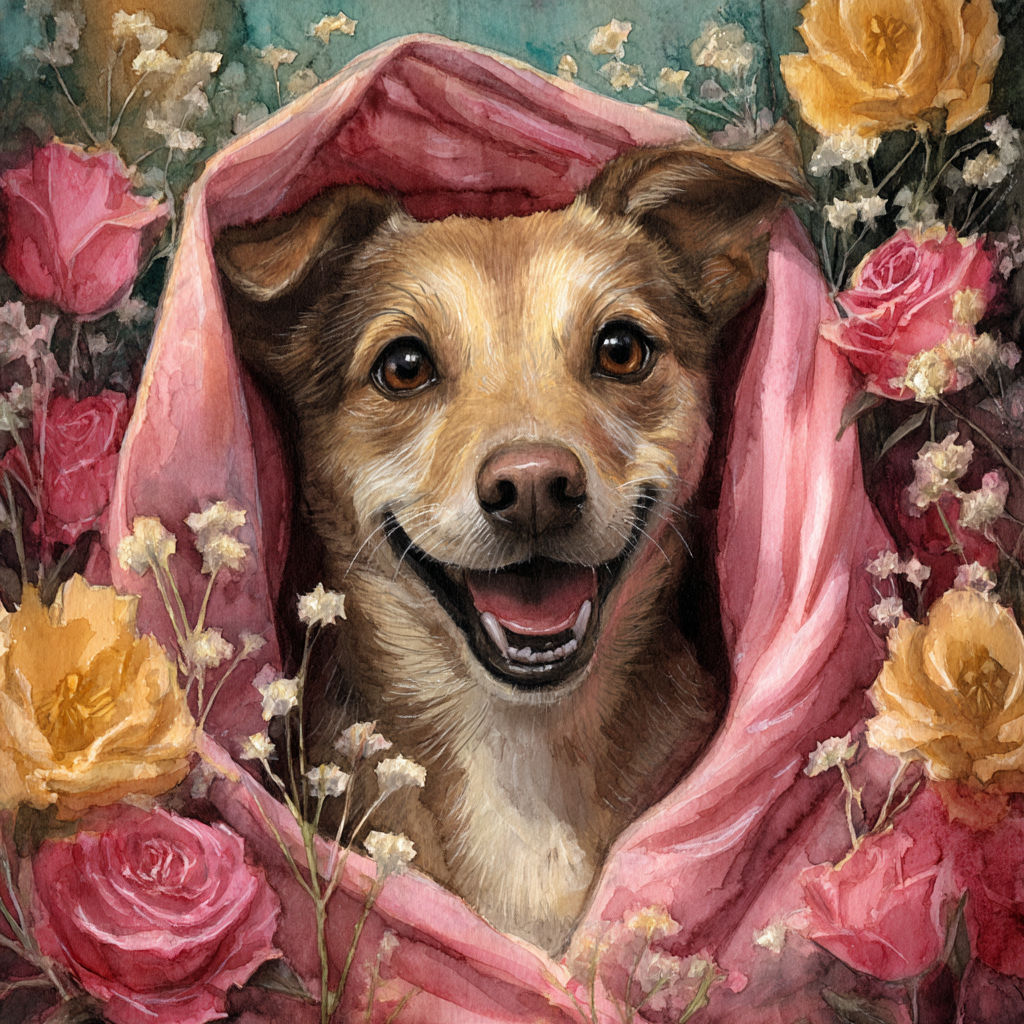 50x50cm diamond painting kit of a smiling dog wrapped in a pink hood, surrounded by wildflowers. Square resin drills on soft canvas, ideal for cheerful pet lovers and DIY decoration.