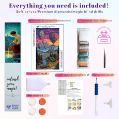 Complete diamond painting kit for hot air balloon scene, featuring printed canvas, resin drills, tool pen, wax, tray, and accessories—great for beginners.