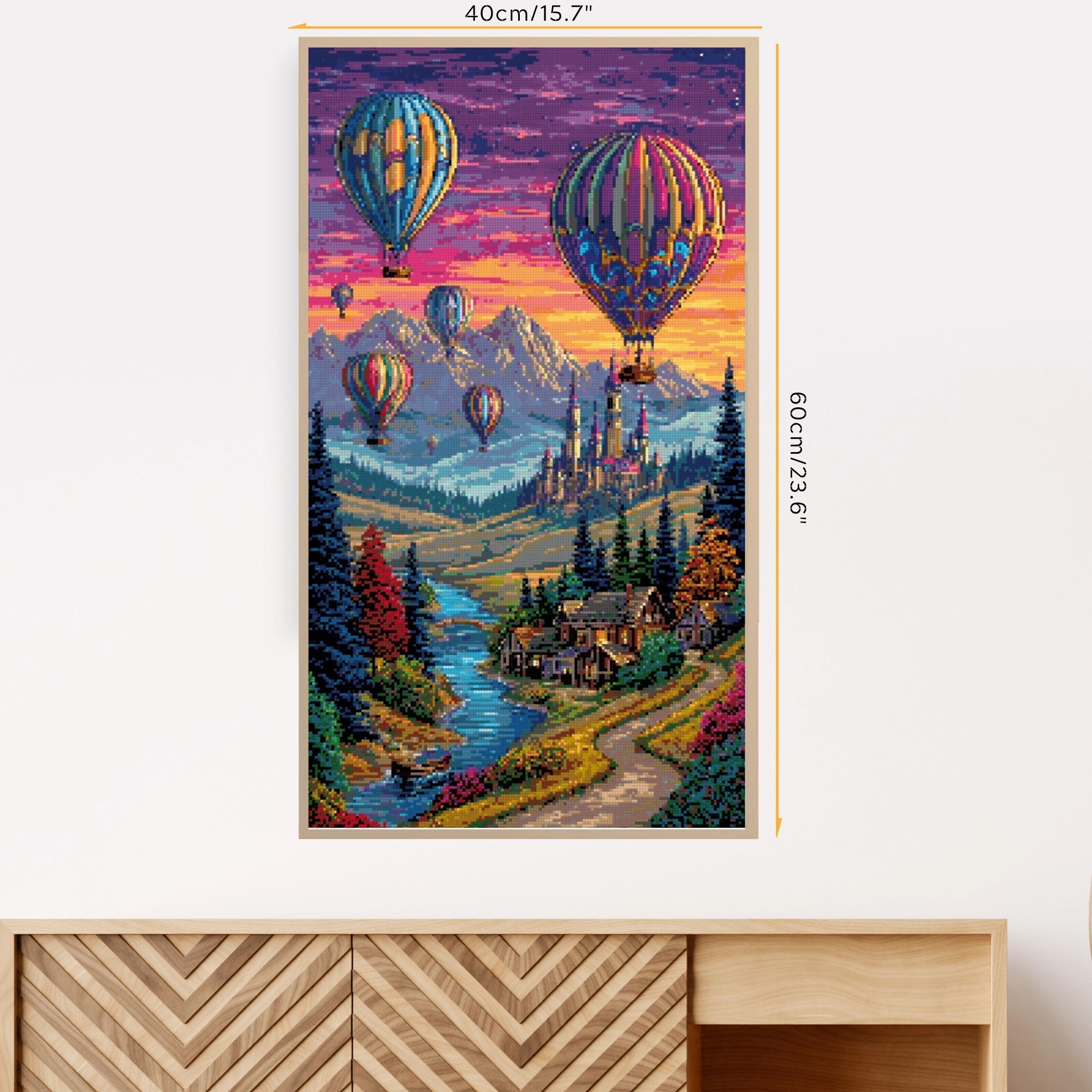 40*60cm Extra large framed vertical diamond painting of a vibrant hot air balloon landscape displayed in a modern room, perfect for travel-inspired wall decor.