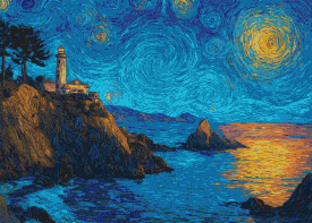 DIY diamond painting artwork of a lighthouse at night, featuring resin drills, soft canvas, and rich celestial details—perfect for stress relief and wall decor.