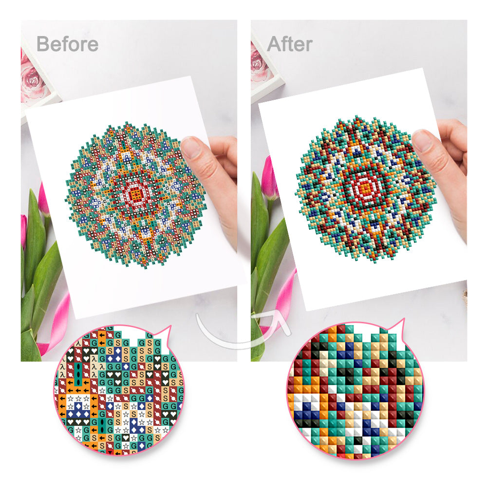 Before and after comparison of mandala diamond art with close-up drill texture, showing stunning finish