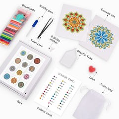 Complete mandala diamond painting kit with colorful resin drills, soft canvas set, tools, and color card — beginner-friendly and perfect for relaxing DIY art