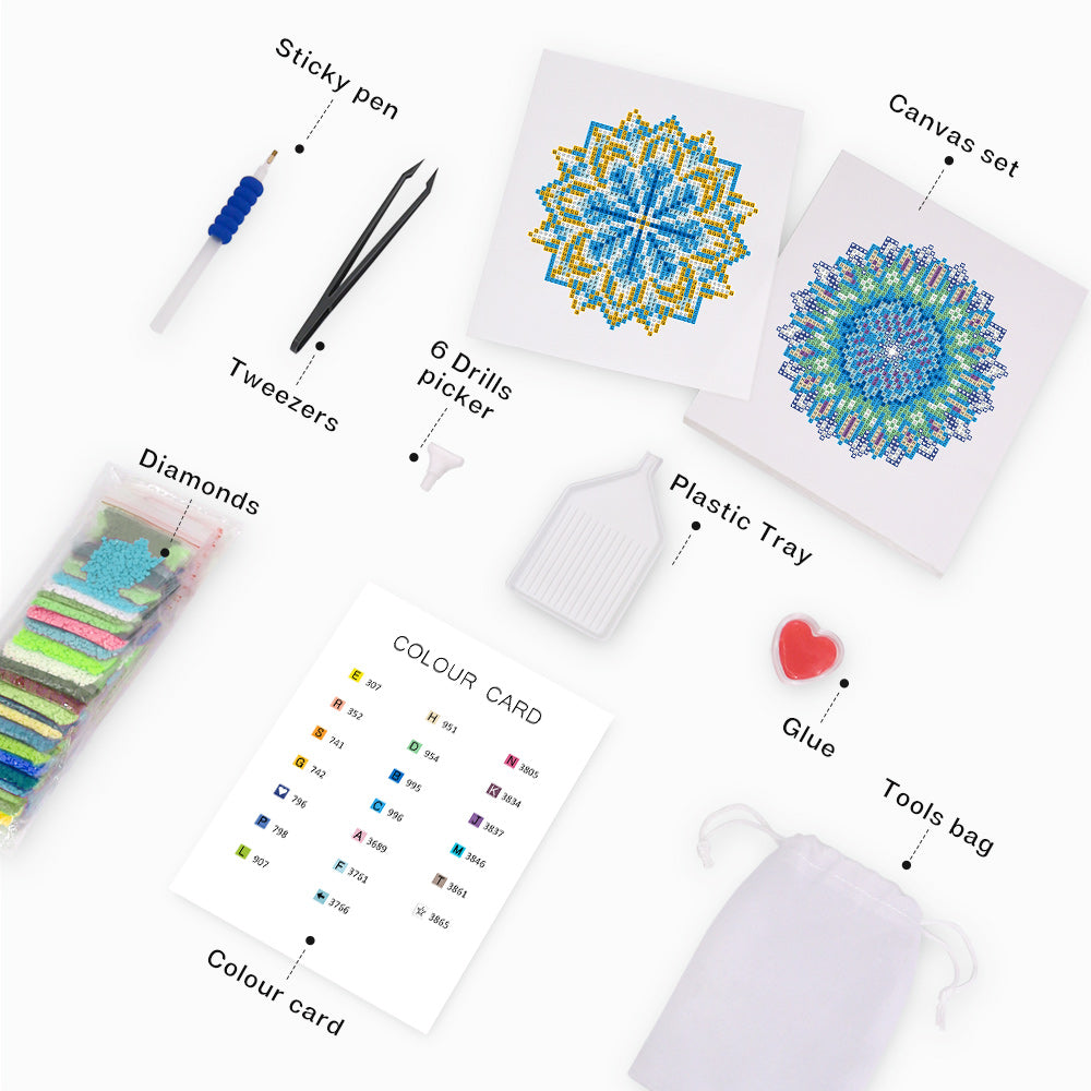 All-in-one mandala diamond art kit with 4 canvas pieces and essential tools – beginner-friendly and travel-sized