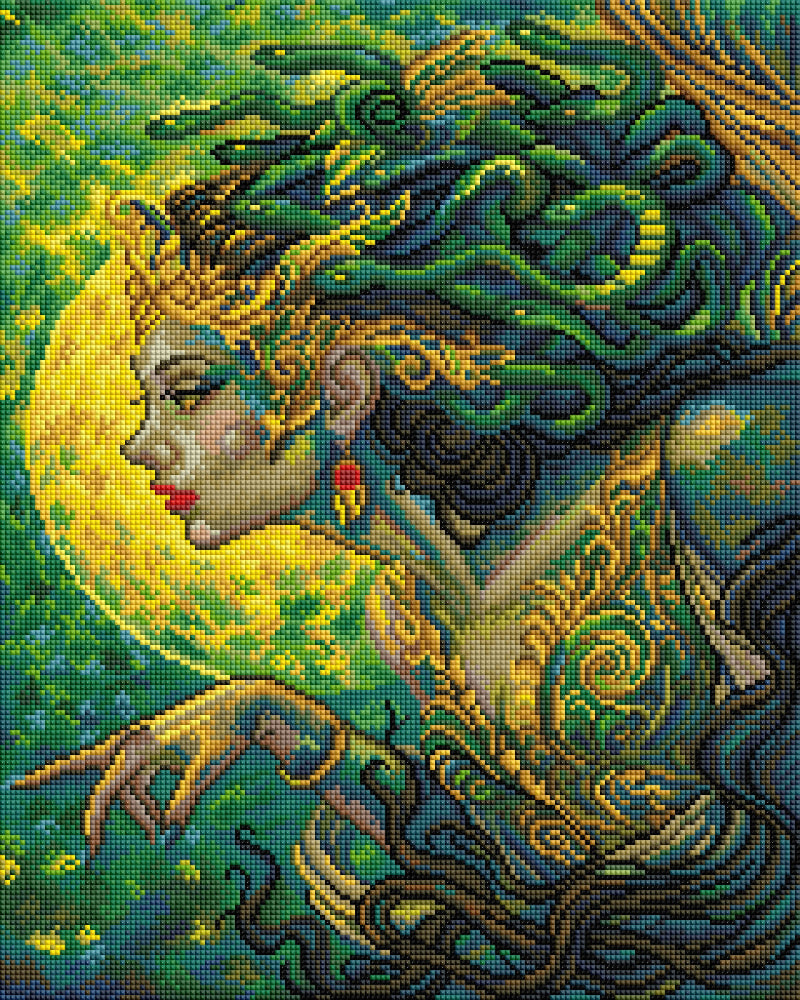 Preview image of Medusa diamond painting kit showing powerful female figure with snake hair and glowing full moon. 40x50cm square canvas with high detail.