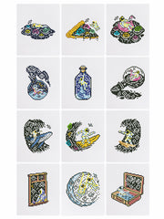 Overview of 9 colorful cosmic and space-themed mini canvases in the Cosmic Adventures kit.