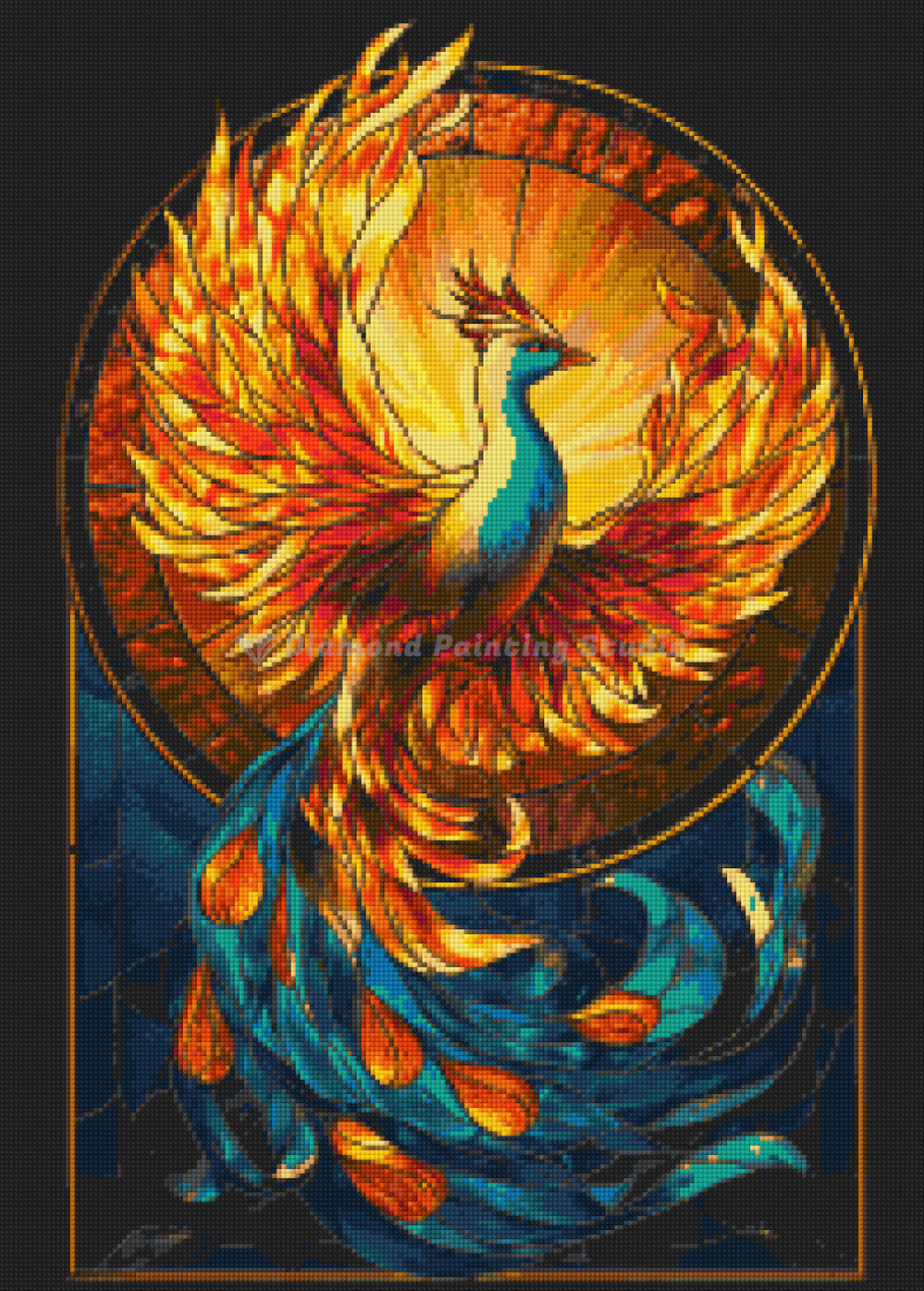 Preview of celestial phoenix diamond art kit with glowing orange feathers and starry backdrop. 50x70cm canvas with resin drills for spiritual DIY craft.