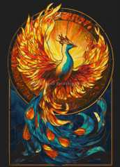 Preview of celestial phoenix diamond art kit with glowing orange feathers and starry backdrop. 50x70cm canvas with resin drills for spiritual DIY craft.