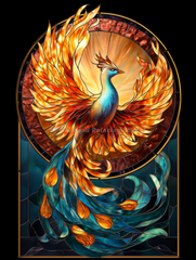 50x70cm diamond painting of a cosmic phoenix with flaming wings and molten feathers. Square resin drills on soft canvas—DIY fiery rebirth decor.