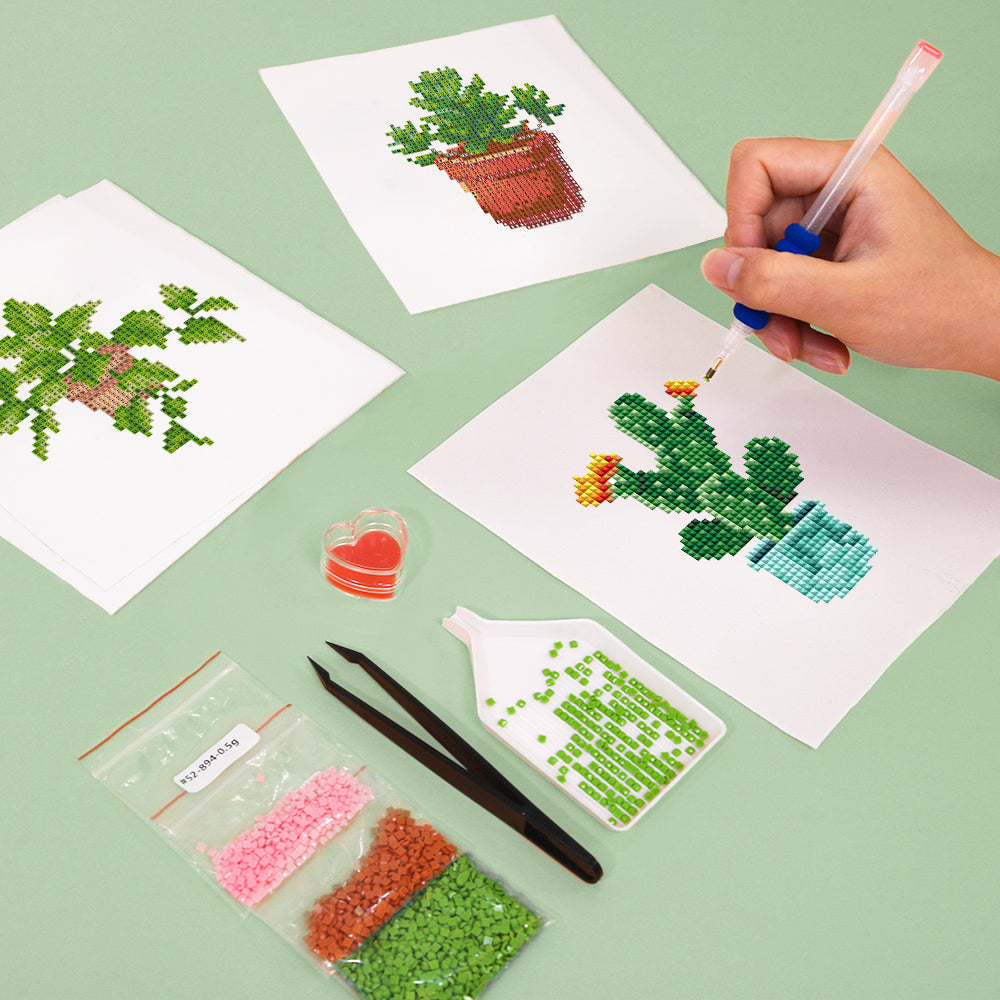 Diamond painting kit with 4 potted plant canvases – calming DIY craft inspired by indoor greenery