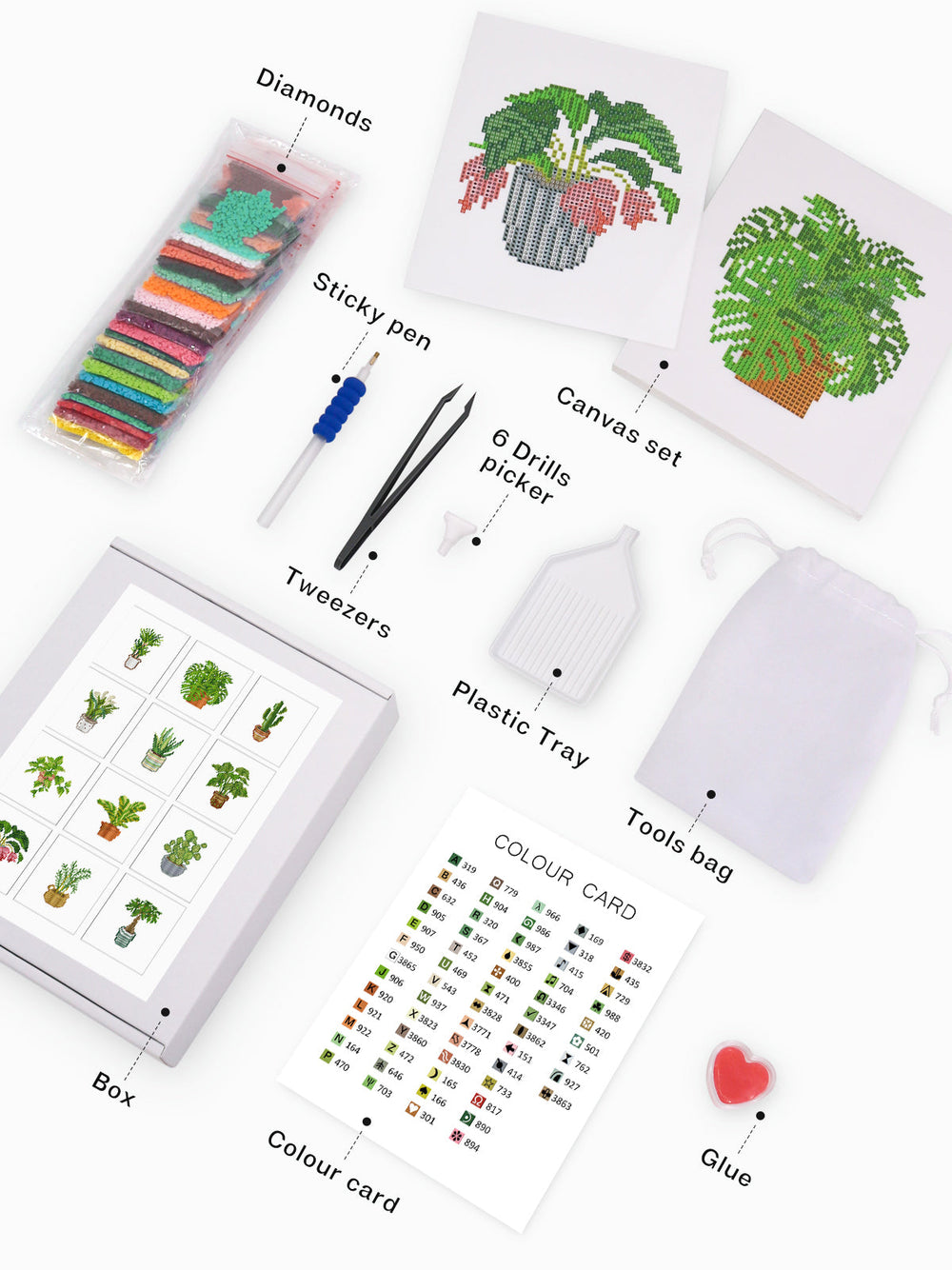 Zoomed-in view of resin drills, sticky pen, color card and green plant canvases—designed for relaxing moments.