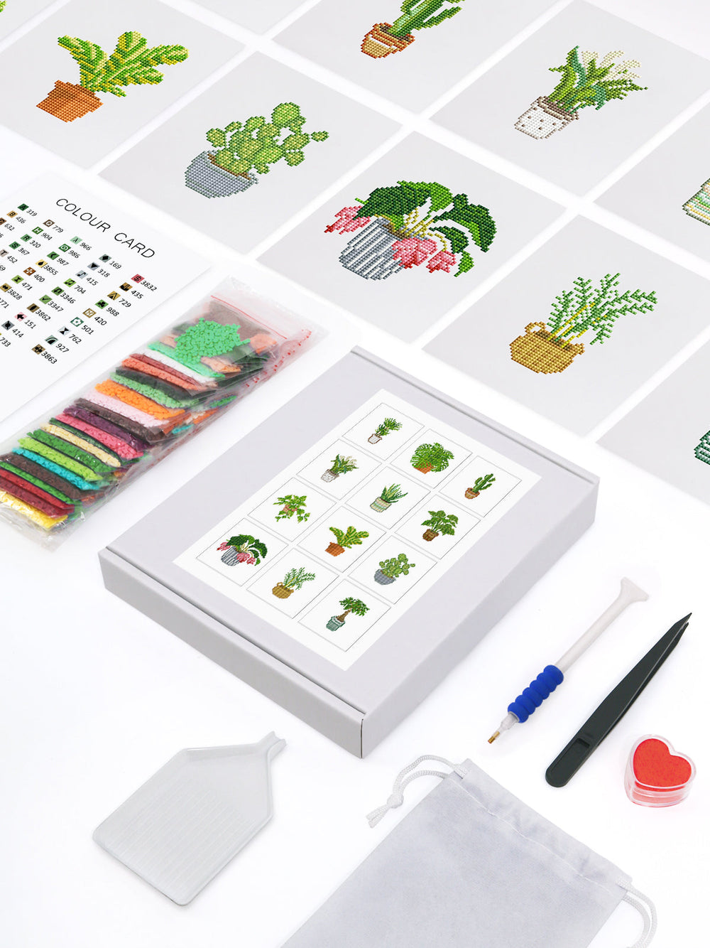 All components of the mini plant diamond painting kit laid out—great for beginners and plant lovers.
