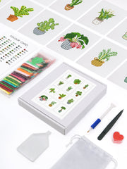 All components of the mini plant diamond painting kit laid out—great for beginners and plant lovers.