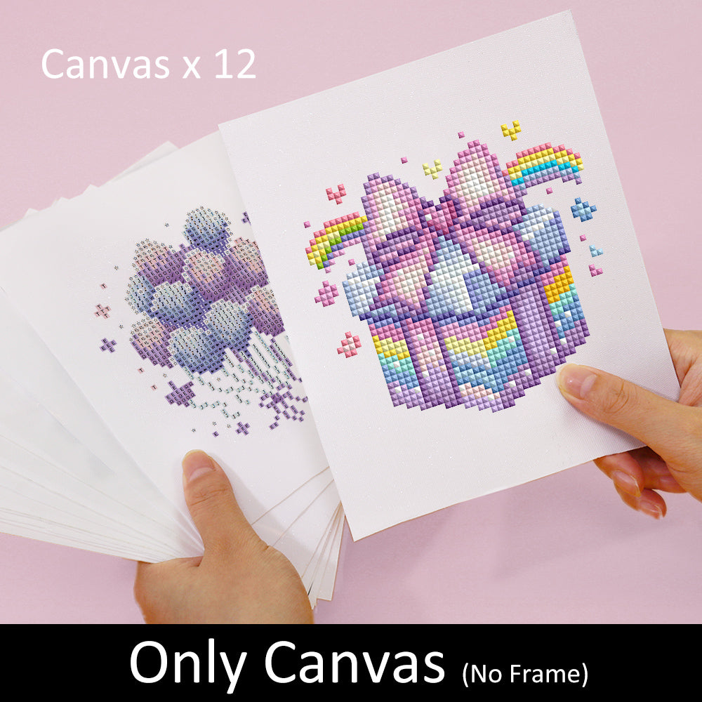Canvas-only diamond painting kit featuring a pastel rainbow gift box with bow and colorful balloon art, perfect for beginners and relaxing DIY crafts.