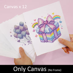 Canvas-only diamond painting kit featuring a pastel rainbow gift box with bow and colorful balloon art, perfect for beginners and relaxing DIY crafts.