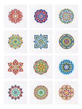 Overview of 9 colorful finished mandala patterns included in the mini kit – ideal for mindfulness and creative expression.