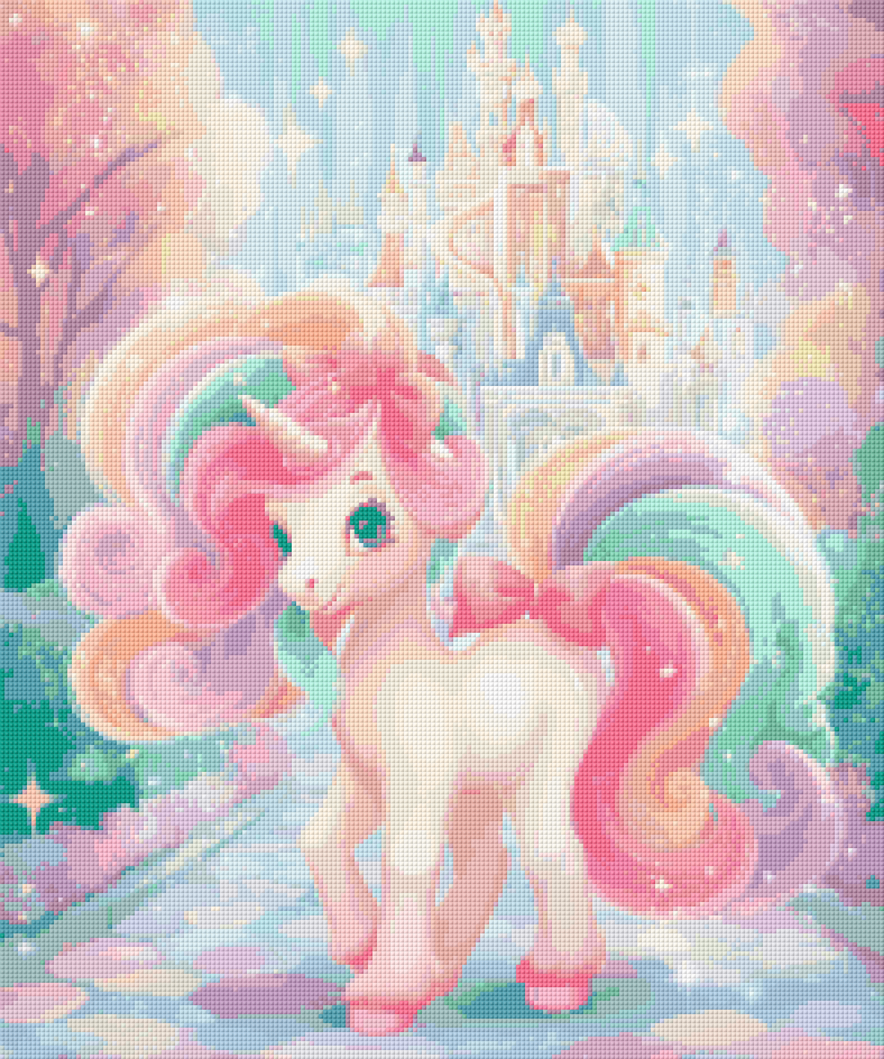 Preview of Rainbow Unicorn diamond art kit—dreamy unicorn with sparkling emerald eyes near pink castle. DIY 50x60cm square canvas with high-quality resin drills.