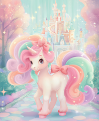 50x60cm Rainbow Unicorn diamond painting kit—pastel unicorn with rainbow mane and pink ribbons in front of candy-colored castles. Square resin drills and soft canvas.