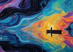Galaxy-themed digital artwork of a lone voyager canoeing through colorful nebula rivers, perfect for 50x70cm square DIY diamond painting kits and cosmic wall art lovers.