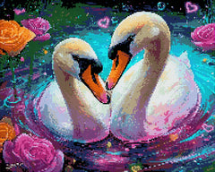 50x40cm romantic swan diamond painting kit—two swans embrace in a floral lake, with square resin drills on soft canvas for DIY lovers’ decor.