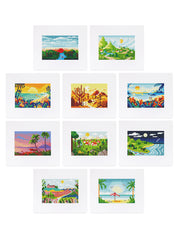 Preview of all 9 scenic mini canvas designs in one image, featuring vibrant mountains, lakes, beaches, and fields.