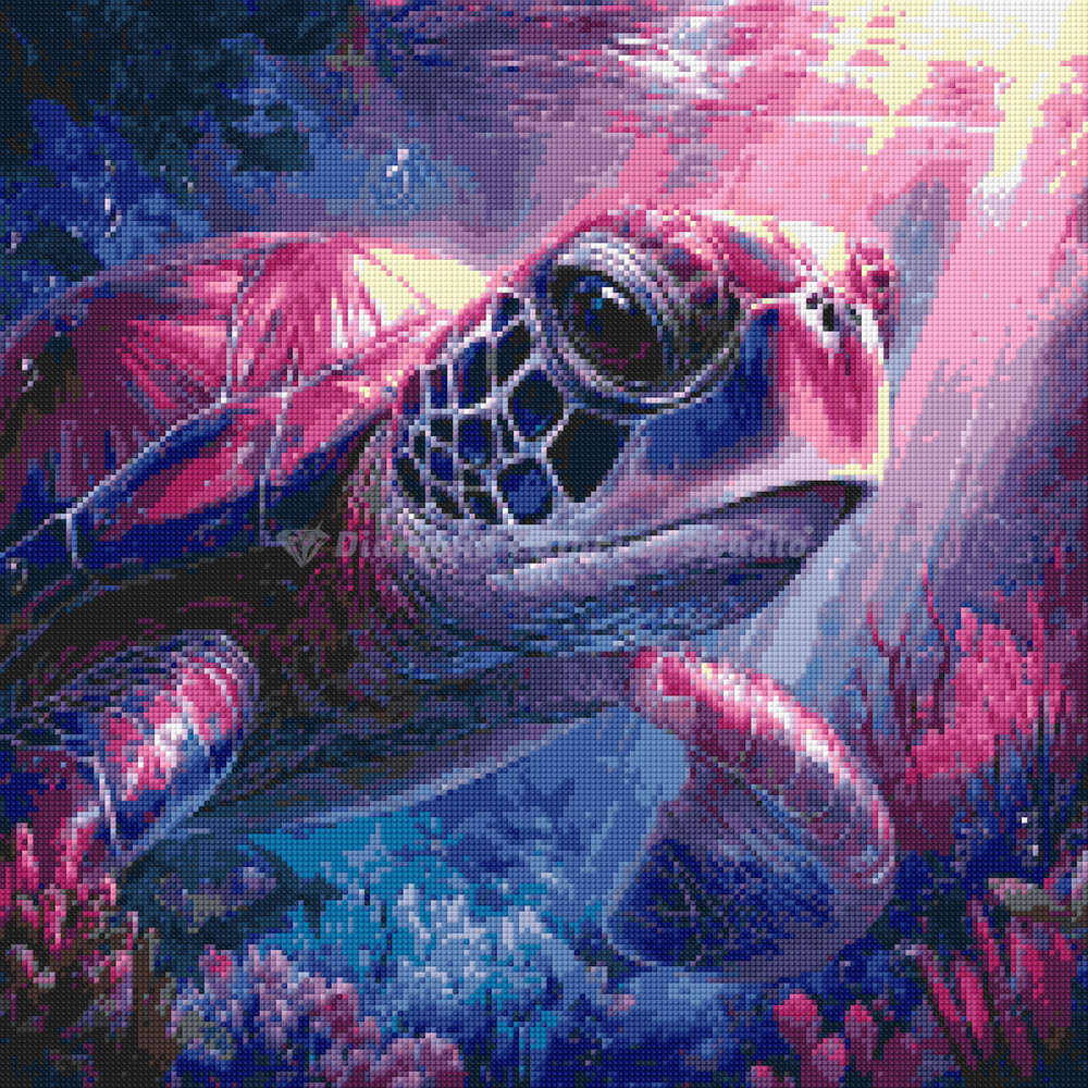 Preview image of sea turtle diamond painting with colorful reef, 50x50cm kit featuring resin drills and premium soft canvas for aquatic art fans.