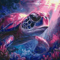 Preview image of sea turtle diamond painting with colorful reef, 50x50cm kit featuring resin drills and premium soft canvas for aquatic art fans.