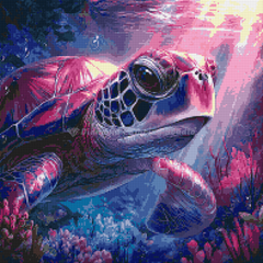 Preview image of sea turtle diamond painting with colorful reef, 50x50cm kit featuring resin drills and premium soft canvas for aquatic art fans.