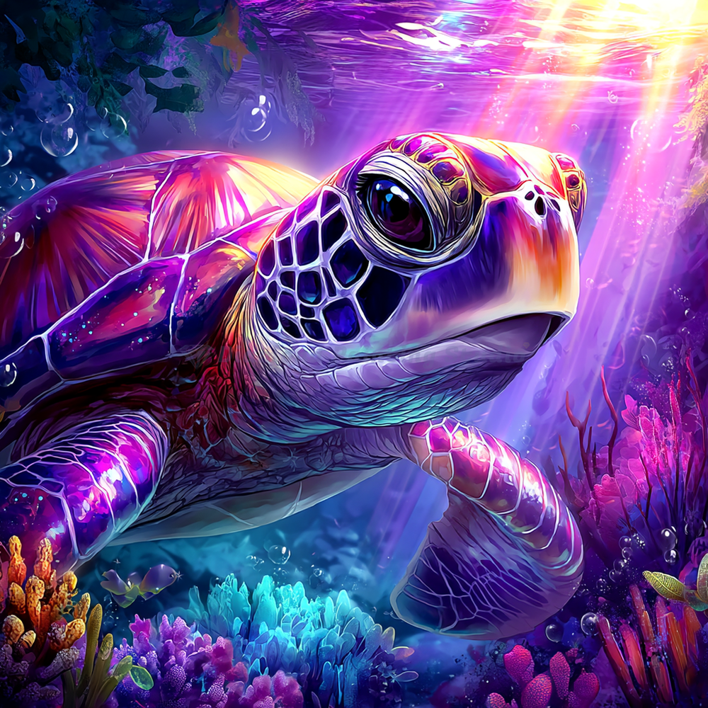 50x50cm diamond painting of sea turtle gliding through vibrant coral reef. Resin square drills and soft canvas for ocean lovers’ DIY decor.