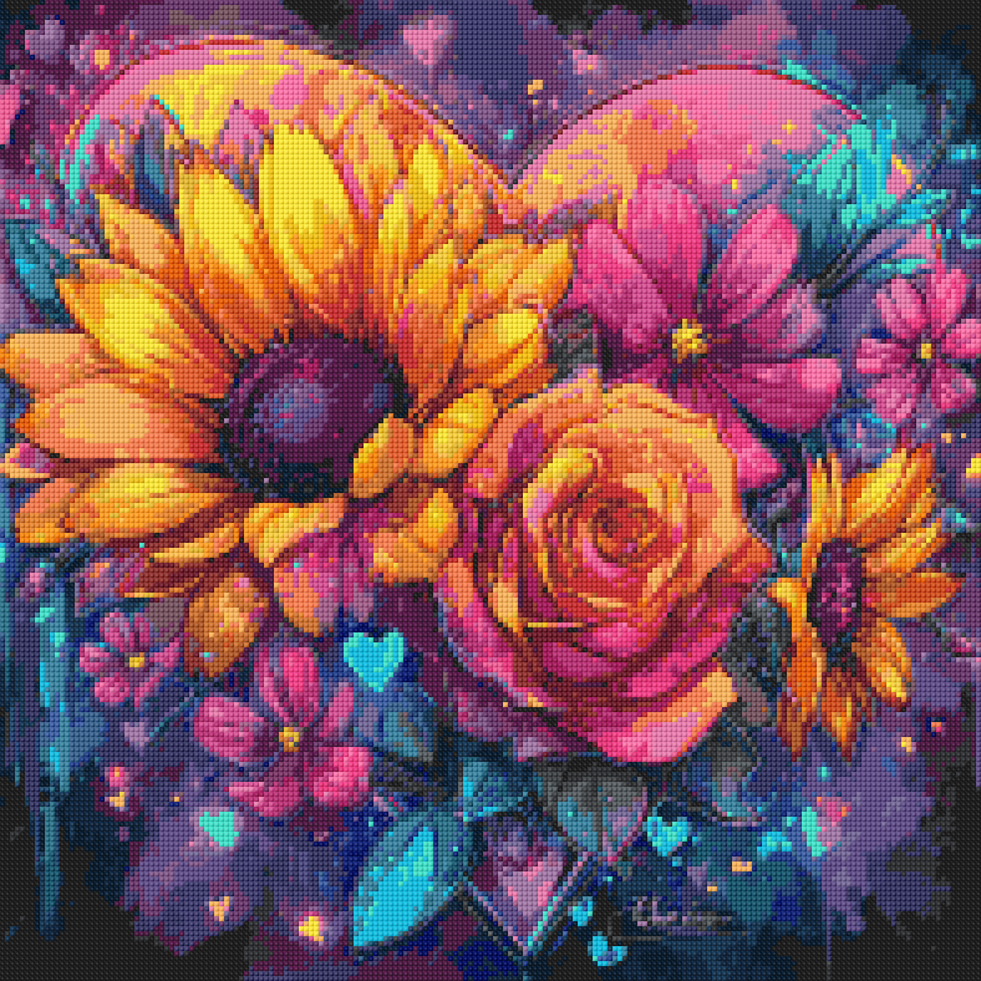 50x50cm Sparkling Heart diamond painting kit—sunflowers and roses bloom inside a vibrant heart shape. Square resin drills and soft canvas for bold floral DIY decor.